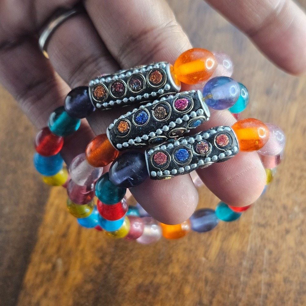 Boho Bracelets Glass Stone Multi color Stretch Bead Lot of 3